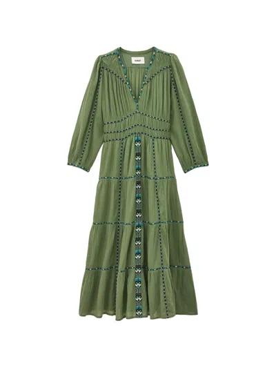 Ba&sh Pahina Embroidered Tiered Flared Midi Dress In Green