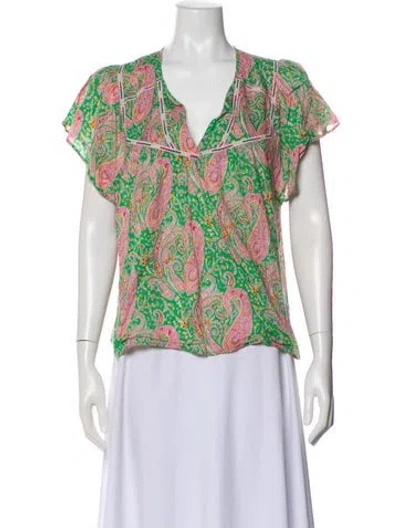 Pre-owned Ba&sh Paisley Print V-neck Top In Green