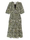 Ba&sh Panissa Floral-print Puff-sleeve Midi Dress In Green