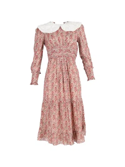 Pre-owned Ba&sh Peter Pan Collar Printed Midi Dress In Red