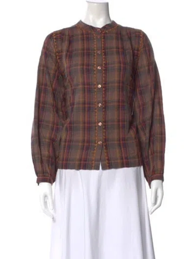 Pre-owned Ba&sh Plaid Print Long Sleeve Blouse In Brown