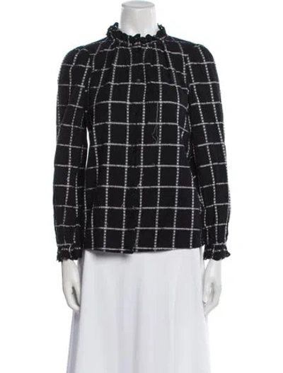 Pre-owned Ba&sh Plaid Print Mock Neck Button-up Top In Blue