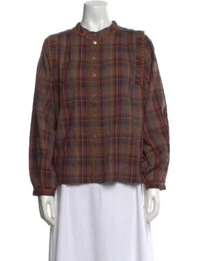 Pre-owned Ba&sh Plaid Print Mock Neck Button-up Top W/ Tags In Brown