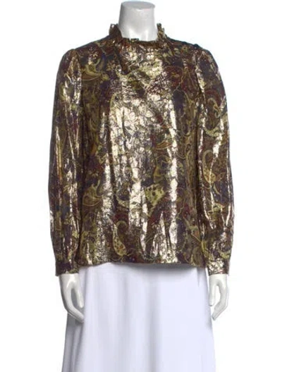 Pre-owned Ba&sh Printed Mock Neck Blouse In Gold