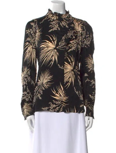 Pre-owned Ba&sh Printed Mock Neck Button-up Top In Black