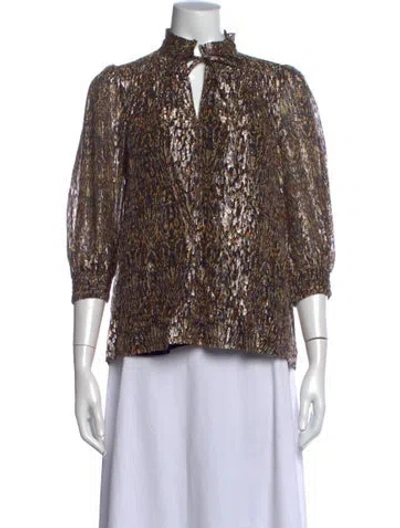 Pre-owned Ba&sh Printed Tie Neck Blouse In Black/metallic/yellow