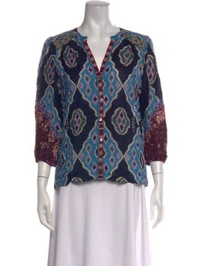 Pre-owned Ba&sh Printed V-neck Blouse In Blue