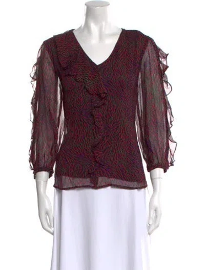 Pre-owned Ba&sh Printed V-neck Blouse In Burgundy