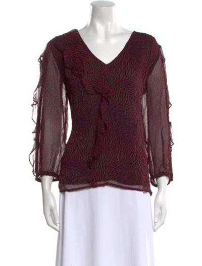 Pre-owned Ba&sh Printed V-neck Blouse In Burgundy