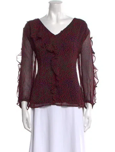 Pre-owned Ba&sh Printed V-neck Blouse In Burgundy