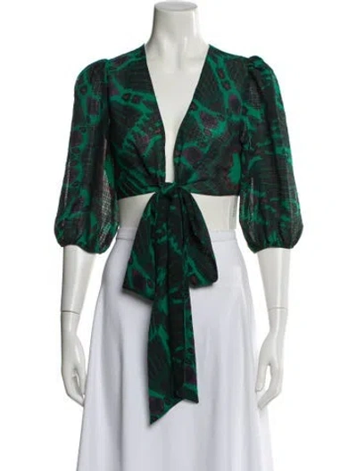 Pre-owned Ba&sh Printed V-neck Crop Top In Green