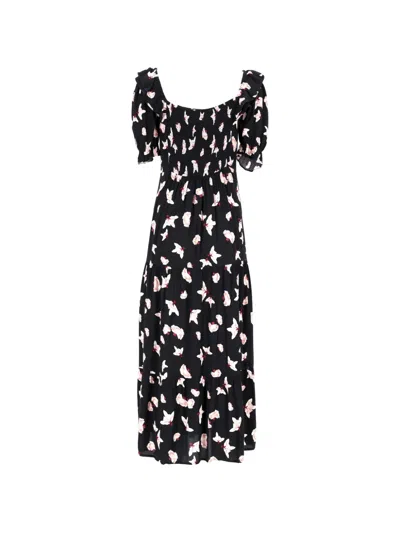 Pre-owned Ba&sh Puff-sleeve Printed Midi Dress In Black
