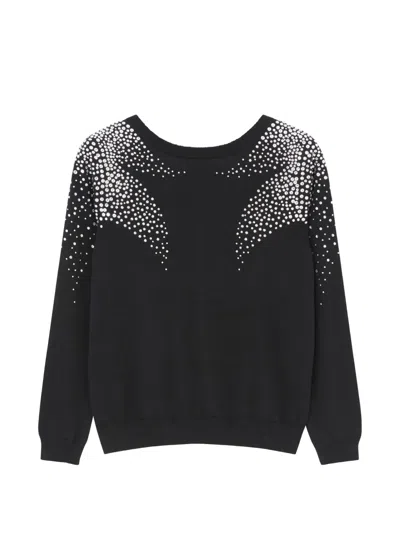 Pre-owned Ba&sh Pull Flore Rhinestone-embellished Sweater In Black