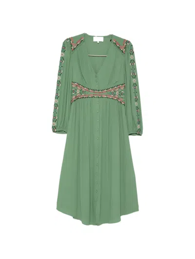 Ba&sh Robe Tina Embroidery Buttoned Midi Dress In Green
