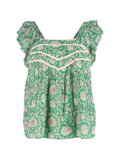 Pre-owned Ba&sh Ruffled Floral-print Top In Green