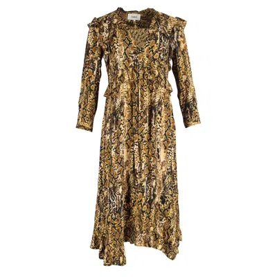 Pre-owned Ba&sh Ba & Sh Snake Print Ruffled Midi Dress In Yellow Viscose In Multi
