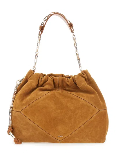 Ba&sh Ba & Sh Suede Shoulder Handbag With Chain Strap And Front Diamond Cutouts, Ruched Top Detail 31x16x1 In Beige