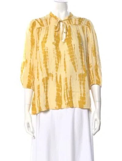 Pre-owned Ba&sh Tie-dye Print Tie Neck Blouse In Yellow