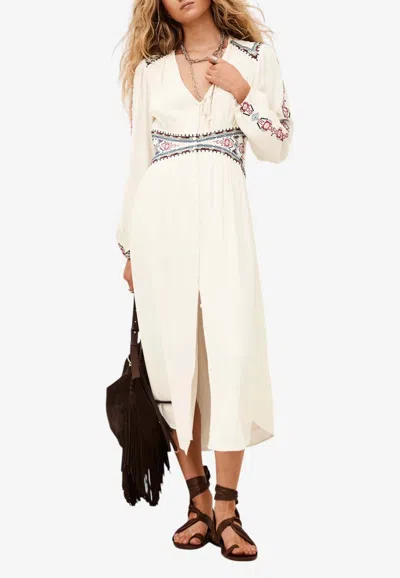 Ba&sh Tina V-neck Embroidered Midi Dresses In Ecru