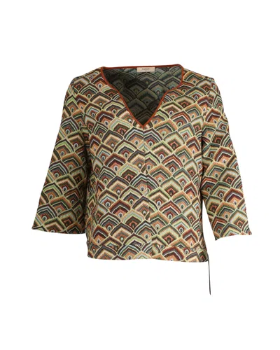 Pre-owned Ba&sh Ba & Sh V-neck Three-fourth Sleeves Abstract Top In Multicolor Cotton In Brown