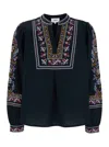 Ba&sh Caloe Round Neck Blue Blouse With All-over Embroidery In Black