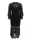 Ba&sh 'grace' Black Crewneck Midi Dress With All-over Embroidery And Asymmetric Hem In Black
