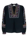 Ba&sh Caloe Round Neck Blue Blouse With All-over Embroidery In Black
