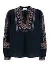 Ba&sh Caloe Round Neck Blue Blouse With All-over Embroidery In Black