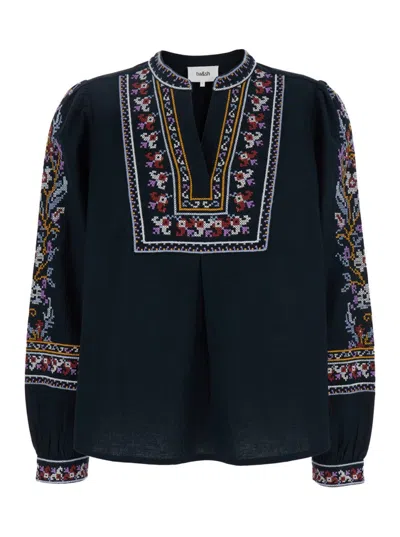 Ba&sh Caloe Round Neck Blue Blouse With All-over Embroidery