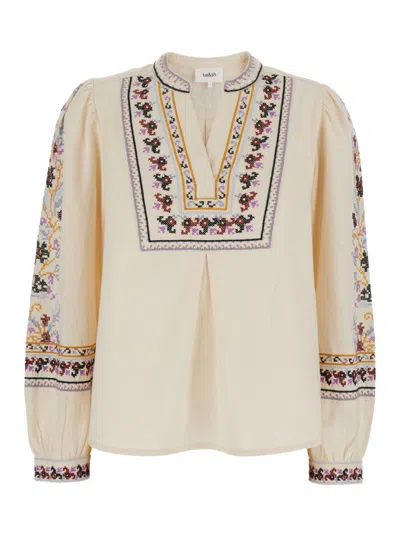 Ba&sh Caloe White Round Neck Blouse With All-over Embroidery