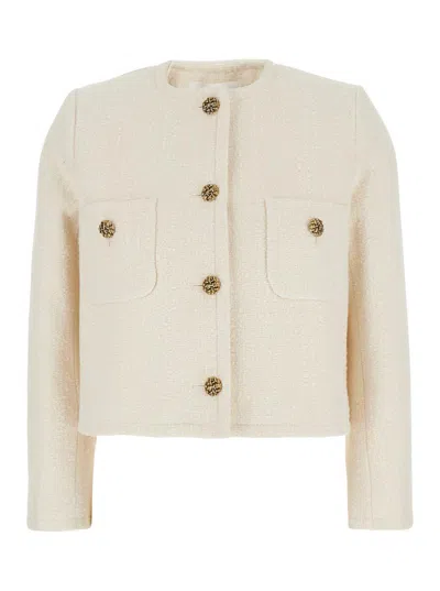 Ba&sh 'meredith' White Crop Jacket With Round Neck And Metal Buttons In Cotton And Wool Blend Woman In White