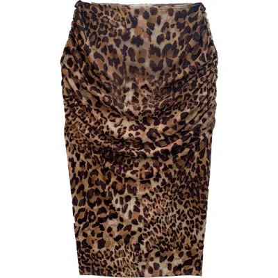 Baacal Deana Ruched Leopard Mesh Skirt In Brown