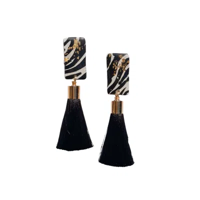 Babaloo Jewelry Women's Black / Gold / White Zebra Gold Silk Tassel Earrings In Black/gold/white