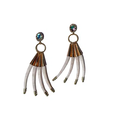 Babaloo Jewelry Women's Gold / White / Blue Dentalium Shell Fringe Earrings In Multi
