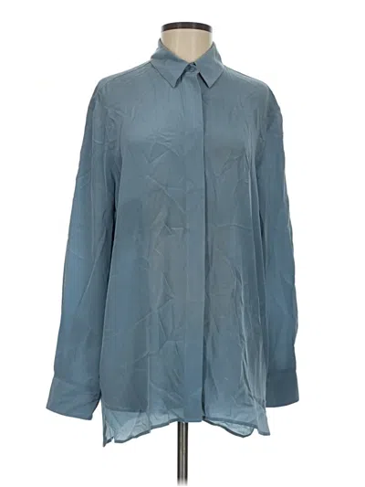 Pre-owned Babaton Long Sleeve Silk Top Blue Solid Pattern Mock Neckline Tops