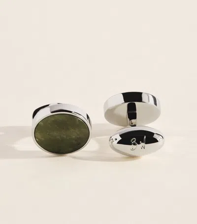 Babette Wasserman Rhodium-plated Jade Circle Cufflinks In Green