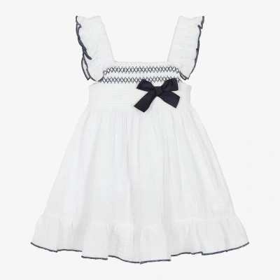 Babidu Kids' Girls White Cotton Shirred Dress