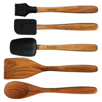 Babish 5 Piece Wood And Silicone Essential Kitchen Tool Set In Brown