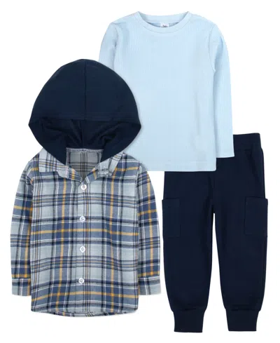 Baby Essentials Baby Boy Flannel Plaid Hoodie, Long Sleeve Top & Pant, 3-piece Set In Blue