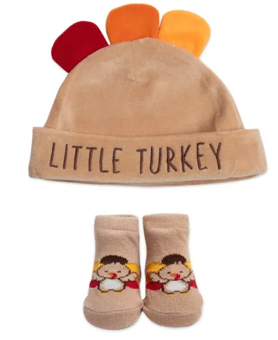 Baby Essentials Baby Boy Little Turkey Cap & Sock Set In Tan