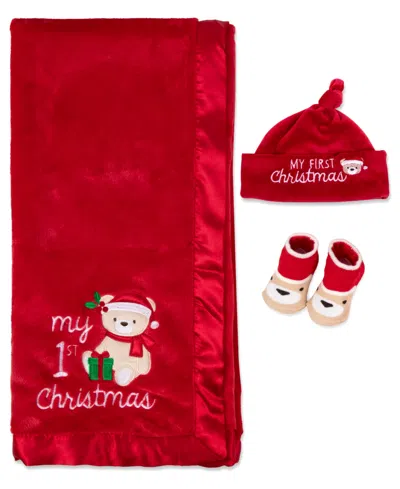 Baby Essentials Baby Boy Or Baby Girl My 1st Christmas Holiday Blanket, Knot Hat And Socks, 3-piece Set In Red