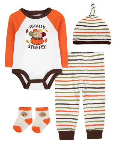 Baby Essentials Baby Boy Totally Stuffed Bodysuit, Pant, Cap & Sock, 4-piece Set In White