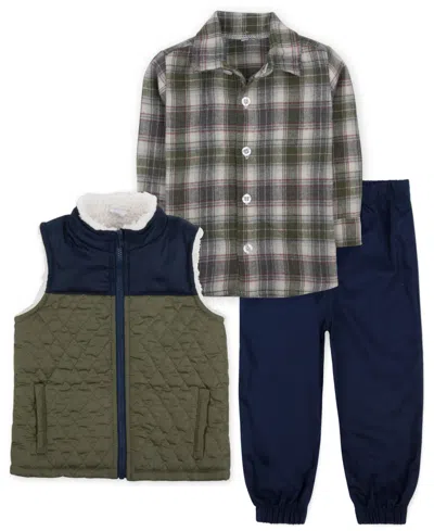 Baby Essentials Baby Boy Vest, Plaid Button Down Shirt & Pant Outfit, 3-piece Set In Olive