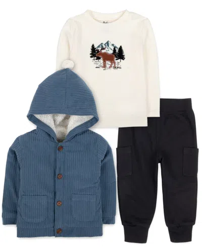 Baby Essentials Baby Boy Woodland Cozy Hooded Jacket, Top & Pant, 3-piece Set In Blue