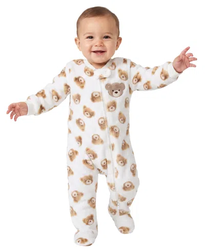 Baby Essentials Baby Boys' And Girls' Bear Teddy Bear Print Fleece Zipper Closure Footie In White
