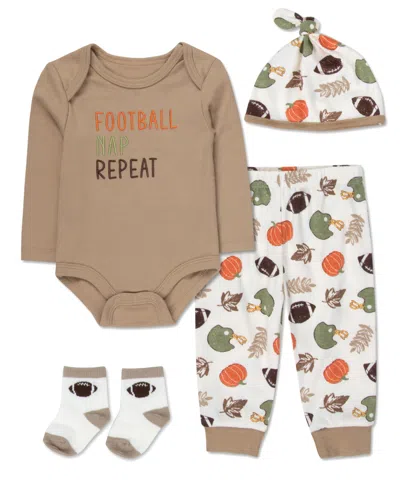 Baby Essentials Baby Boys' Football Nap Repeat Bodysuit, Jogger Pants, Socks And Beanie, 4-piece Set In Green