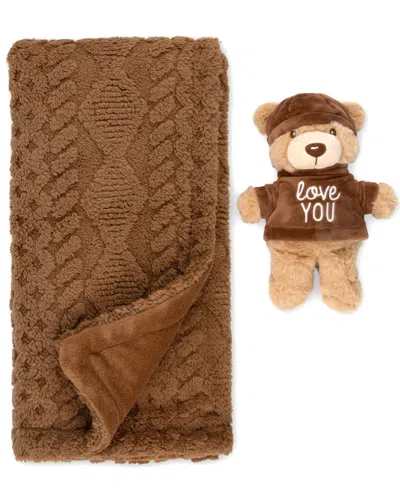 Baby Essentials Kids' Baby Boys' Or Baby Girls' Cable-knit Reversible Blanket And Plush Bear, 2-piece Set In Brown