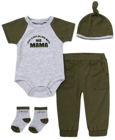 Baby Essentials Baby Boys' Short-sleeve Bodysuit, Hat, Socks And Pants, 4-piece Set In Dark Green,gray
