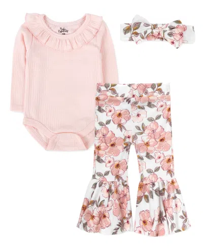 Baby Essentials Baby Girl Bodysuit, Floral Bell Bottom Pant & Headband, 3-piece Set In Pink