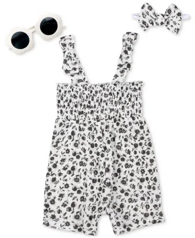 Baby Essentials Baby Girls 3-pc. Floral Romper, Headband, & Sunglasses Set In Black,white